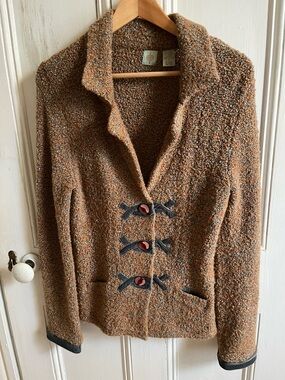Brown Bouclé Women's Cardigan with Toggle Accents